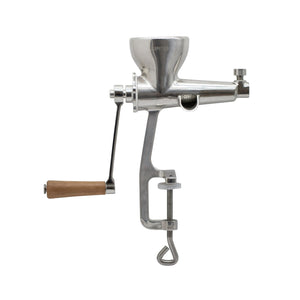Jupiter fruit and berry press made of stainless steel for juice, mush or puree, hand crank, table mounting, silver